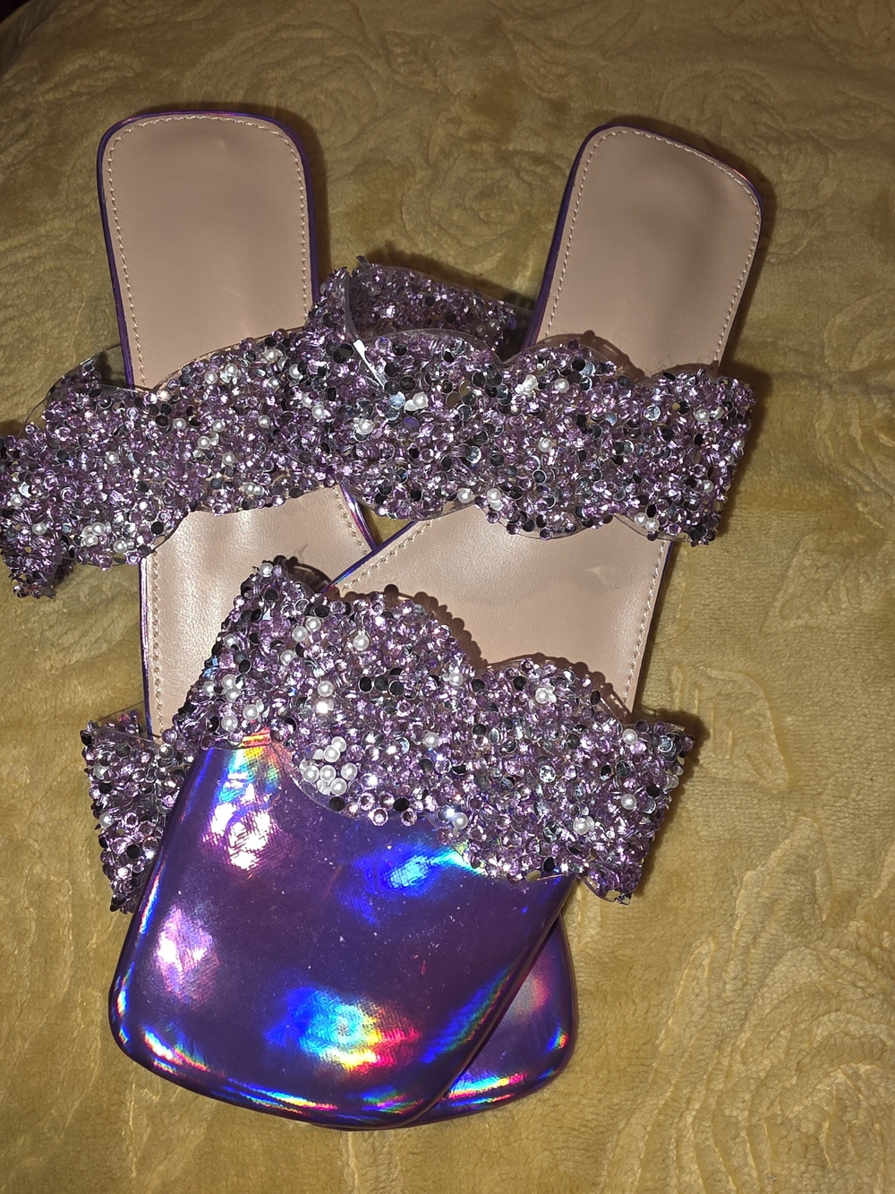 Embellished Purple Iridescent Slide Sandals - Women's